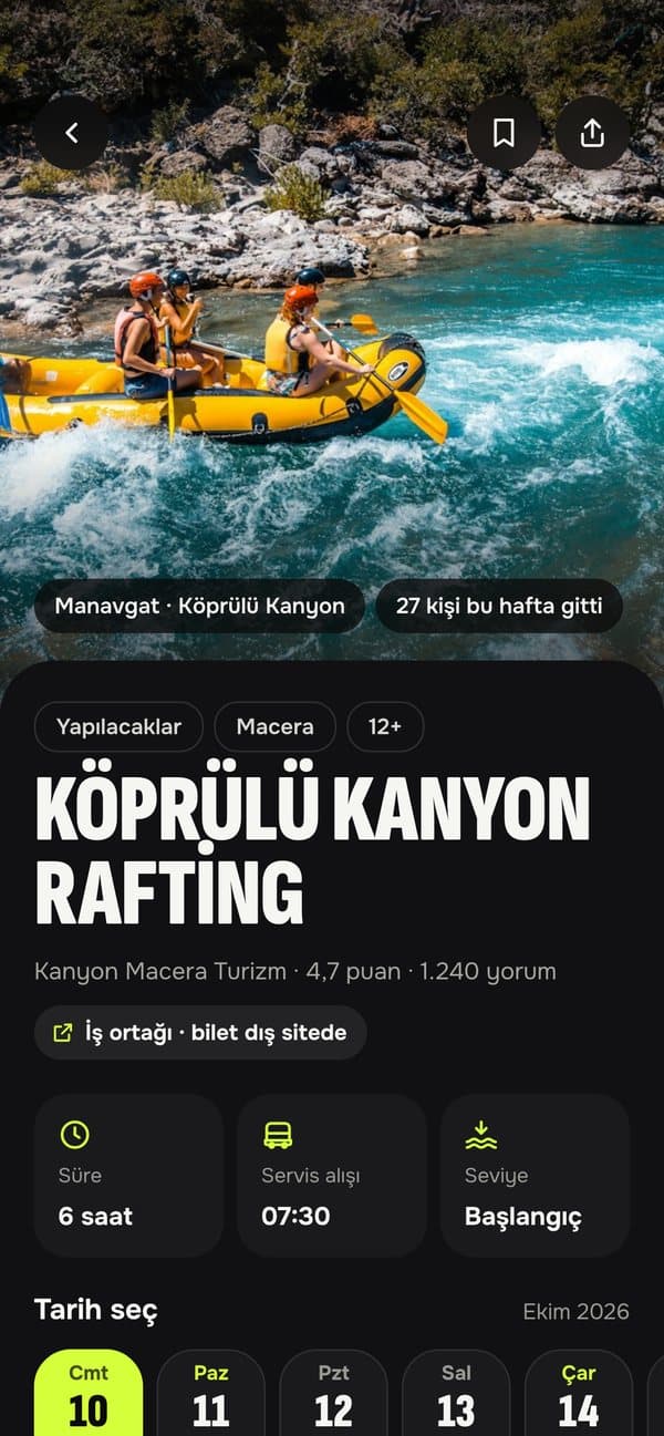Popin uygulamasından ekran: Turlar ve deneyimler